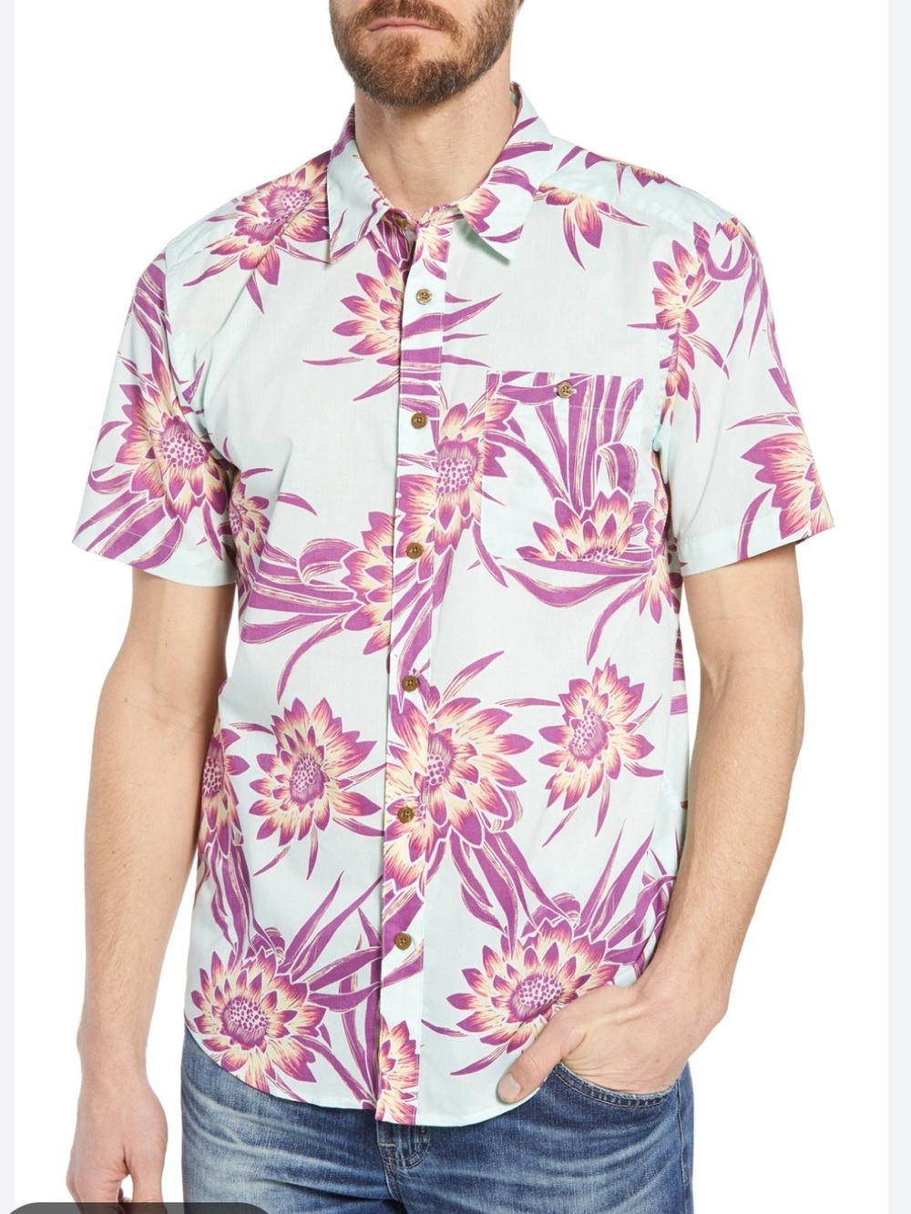 PATAGONIA SLIM FIT SHORT SLEEVE SPORT SHIRT IN CEREUS FLOWER/LITE BEND BLUE